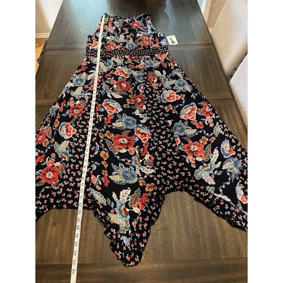 Bila XXL Navy Floral Boho Handkerchief Hem Maxi Dress 100% Rayon NWT Resort Wear - Picture 4 of 11